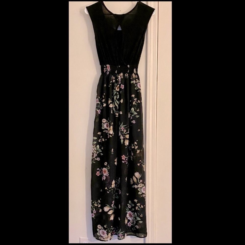 Long black dress with floral skirt